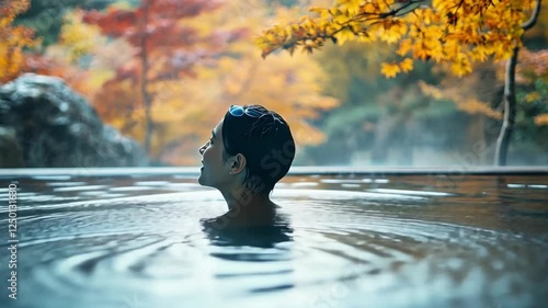 A secluded onsen experience in Japan, with a lone bather surrounded by the tranquil sounds of nature, the water reflecting the vibrant colors of autumn leaves.