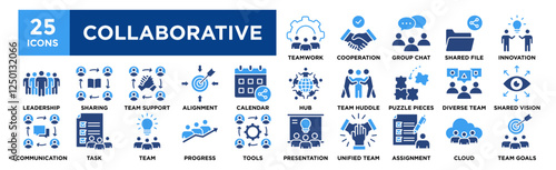 Collaborative icon collection set. Containing design Teamwork, Cooperation, Group Chat, Shared File, Collaborative Innovation, Collaboration Hub