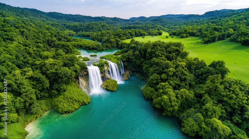 Aerial view of a stunning waterfall cascading into a vibrant turquoise river, surrounded by lush greenery and rolling hills. Aerial view of a stunning waterfall cascading into a vibrant turquoise river, surrounded by lush greenery and rolling hills.