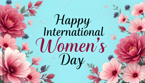 A vibrant floral arrangement featuring pink and red blossoms surrounding text celebrating International Women's Day. The elegant typography and artistry convey warmth and recognition for this special 