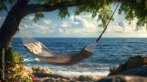 Serene Coastal Escape: Hammock Relaxation by the Ocean Shore with Blue Waters