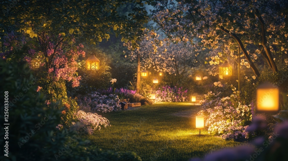 Fototapeta premium Spring twilight garden with glowing lanterns Description Копировать Редактировать 
