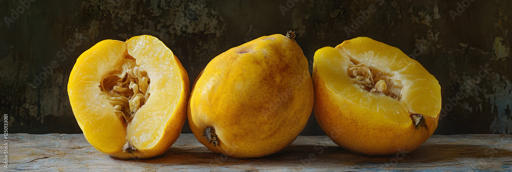 Vibrant Quince Fruit in Rustic Kitchen Setting, Highlighting its Texture and Culinary Use Vibrant Quince Fruit in Rustic Kitchen Setting, Highlighting its Texture and Culinary Use