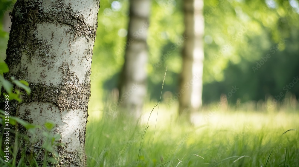 Obraz premium Peaceful Birch Trees Standing Tall in a Lush Meadow Under Gentle Natural Light : Generative AI