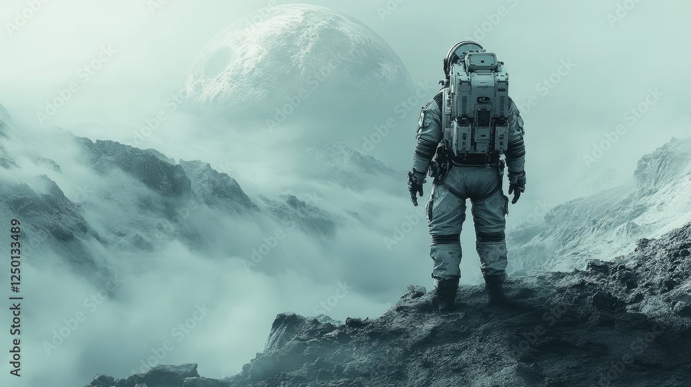 Astronaut gazes at a large moon in a misty, surreal landscape. Astronaut gazes at a large moon in a misty, surreal landscape.