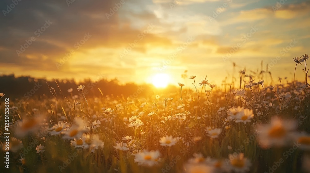 Fototapeta premium Serene Wildflower Meadow at Sunset - Tranquil Nature Landscape with Blooming Flowers