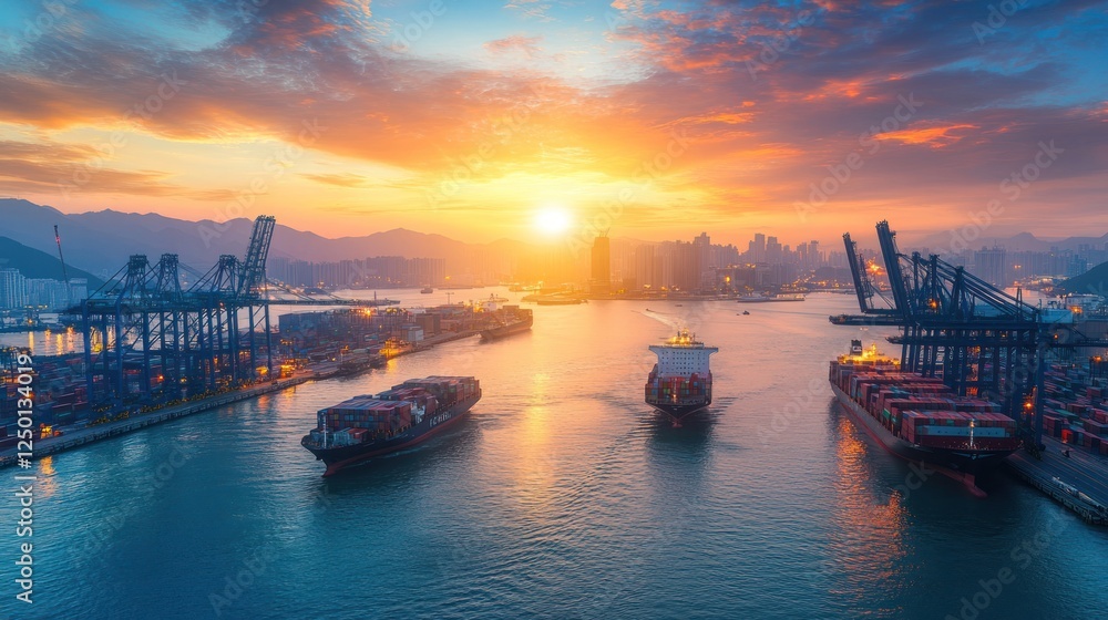 A vibrant sunset over a busy harbor with container ships and cranes. A vibrant sunset over a busy harbor with container ships and cranes.