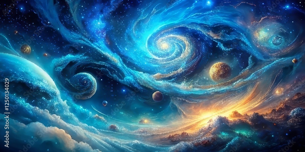Vibrant Cosmic Landscape with Swirling Galaxies and Planets Vibrant Cosmic Landscape with Swirling Galaxies and Planets