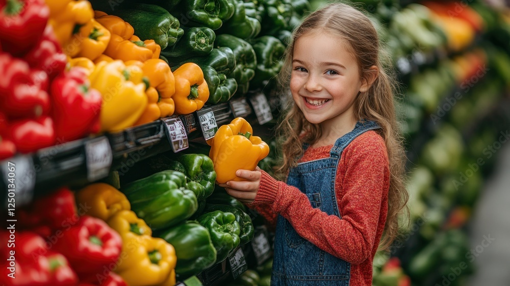 Fototapeta premium Girl chooses bell peppers at grocery store produce section