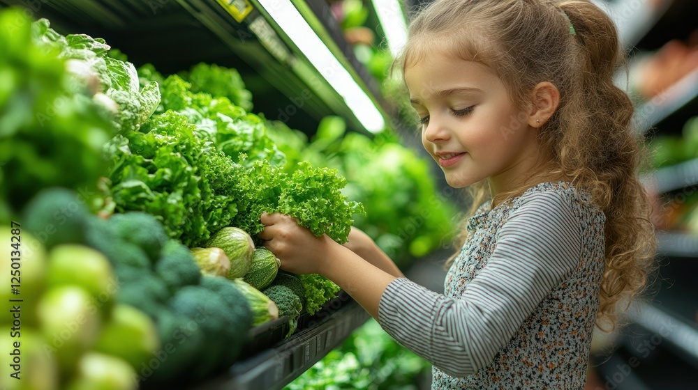 Obraz premium Girl chooses lettuce at supermarket produce section