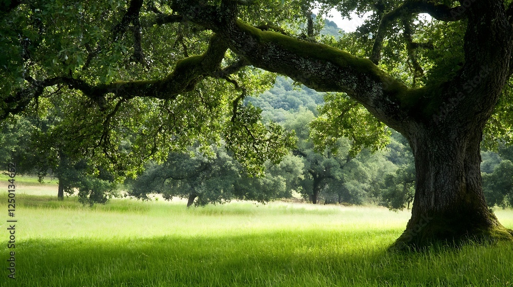 Serene green landscape with majestic oak tree in sunlight embracing nature's tranquility : Generative AI Serene green landscape with majestic oak tree in sunlight embracing nature's tranquility : Generative AI
