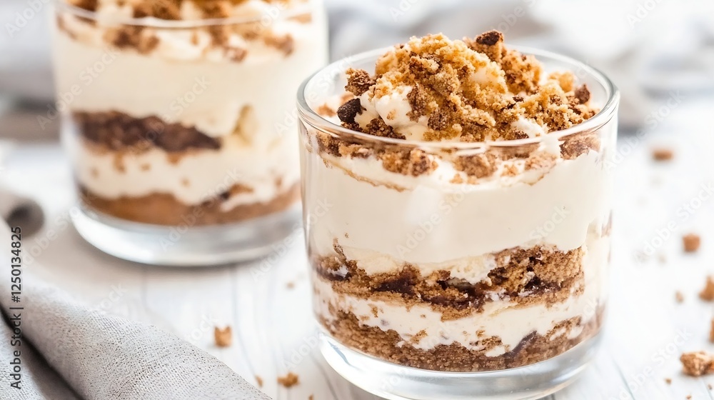 Delicious Layered Dessert with Cream and Crumb Topping in Elegant Glass Cup : Generative AI Delicious Layered Dessert with Cream and Crumb Topping in Elegant Glass Cup : Generative AI