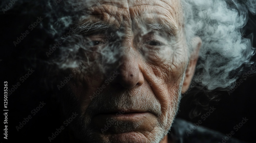 Close-up portrait of elderly man obscured by smoke. Close-up portrait of elderly man obscured by smoke.