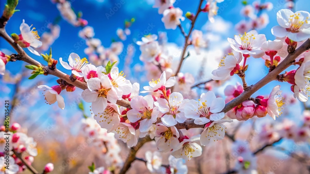 Apricot Blossom Spring Background: Blue Sky, Green Trees, Selective Focus Apricot Blossom Spring Background: Blue Sky, Green Trees, Selective Focus