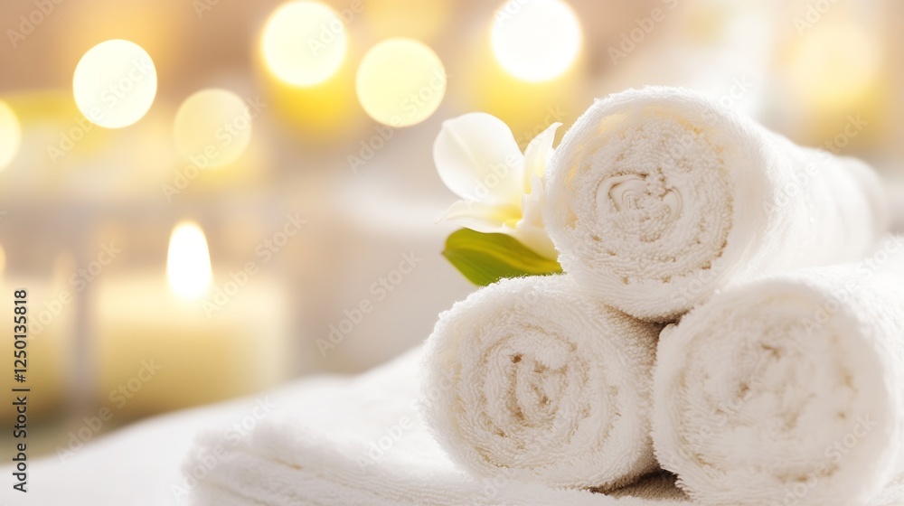 Serene spa setup with rolled towels and candles for relaxation and wellness : Generative AI Serene spa setup with rolled towels and candles for relaxation and wellness : Generative AI