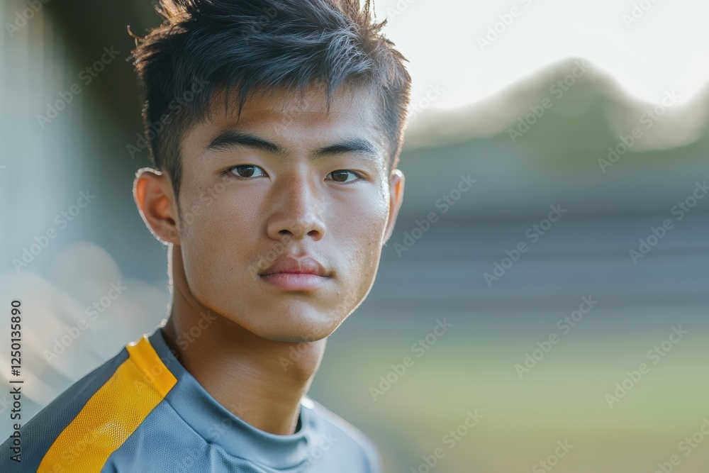 Asian soccer player wearing a blue jersey is captured in a brightly lit stadium, with the grand scale of the arena accentuating his intensity. Asian soccer player wearing a blue jersey is captured in a brightly lit stadium, with the grand scale of the arena accentuating his intensity.