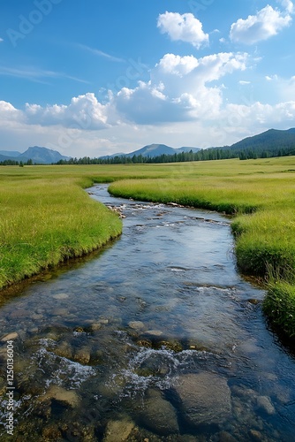 Breathtaking Scenic View of a Stream Flowing Through a Lush Green Meadow : Generative AI