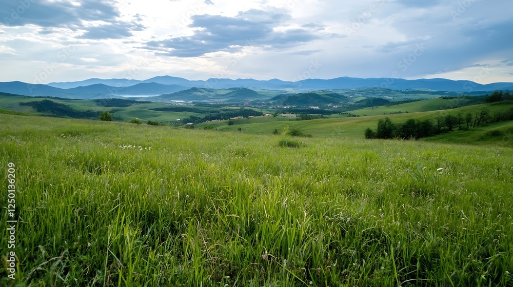 Expansive Green Landscape with Rolling Hills and Distant Mountains Under a Cloudy Sky : Generative AI Expansive Green Landscape with Rolling Hills and Distant Mountains Under a Cloudy Sky : Generative AI