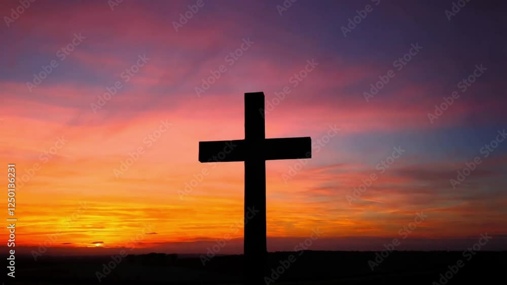 A dramatic scene of a cross silhouetted against a vibrant sunset sky, powerful and inspiring composition
A dramatic scene of a cross silhouetted against a vibrant sunset sky, powerful and inspiring composition