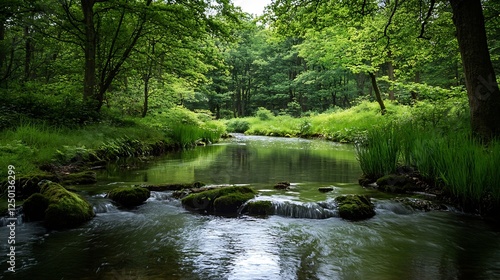Picturesque Stream Flowing Through Lush Green Forest with Mossy Rocks : Generative AI