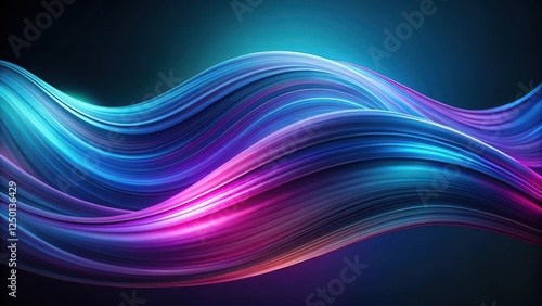 Abstract waves with swirling motion in gradient blue and purple hues moving across a dark grey or black background, dynamic abstract background, flowing waves