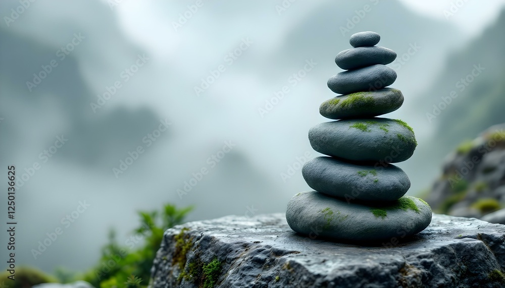 zen, stones, tall, stack, moss, rugged, surfaces, rocky, ledge, mountain, mist, thick, blurred, foggy, background, diffused, natural, light, photorealistic, detail, serene, tranquil, harmony, peaceful