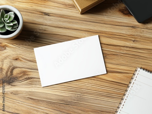 Blank postcard mockup on wooden desk with succulent, notebook, and phone.