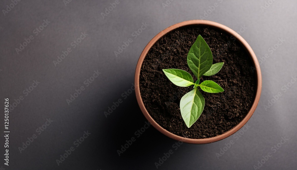 Naklejka premium A small green plant sprouts from dark soil in a terracotta pot.