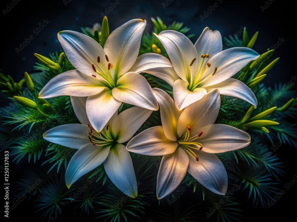 Three elegant white lilies, stark against a shadowy landscape, viewed from above. Three elegant white lilies, stark against a shadowy landscape, viewed from above.