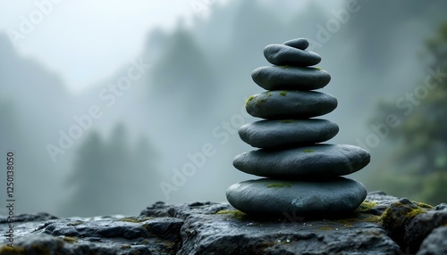 zen, stones, tall, stack, moss, rugged, surfaces, rocky, ledge, mountain, mist, thick, blurred, foggy, background, diffused, natural, light, photorealistic, detail, serene, tranquil, harmony, peaceful photo