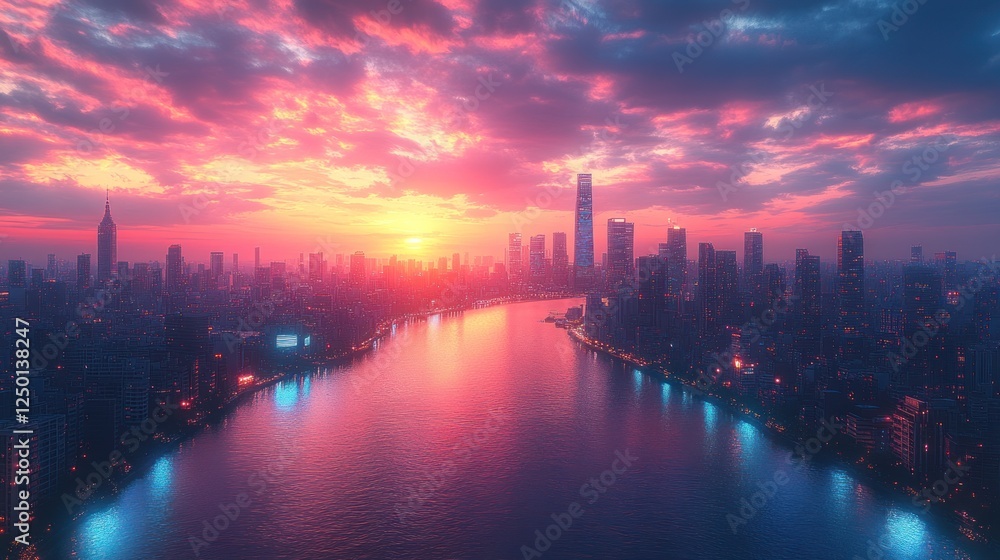 Fototapeta premium A vibrant sunset over a city skyline reflecting on a river.