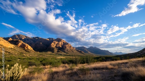 Breathtaking Desert Landscape with Sunlit Mountains and Clear Blue Sky : Generative AI