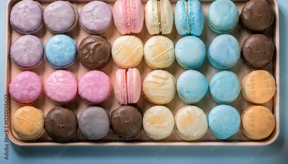 Colorful macarons arranged on a tray. Colorful macarons arranged on a tray.