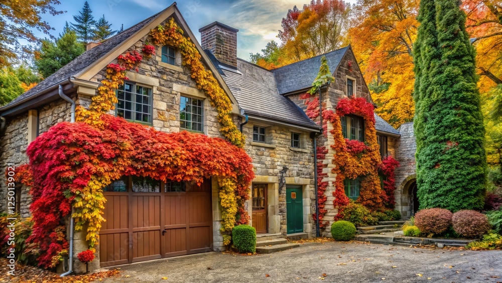 Autumnal Stone House with Ivy-Covered Garage - Fall Farmhouse Stock Photo Autumnal Stone House with Ivy-Covered Garage - Fall Farmhouse Stock Photo