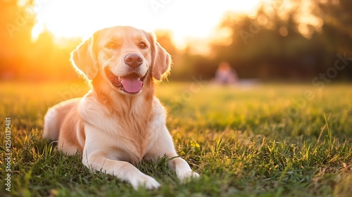 Happy Golden Retriever Dog Relaxing in Sunlit Park on a Beautiful Day Outdoors : Generative AI photo