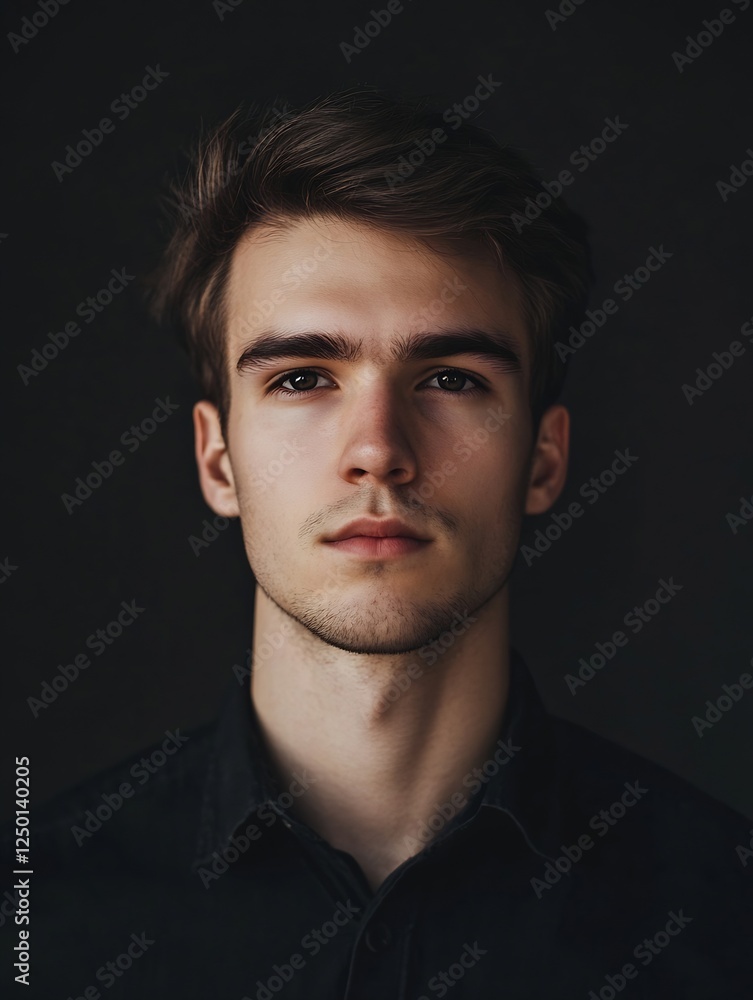 Fototapeta premium Close-Up Portrait of Young Man with Thoughtful Expression Against Dark Background : Generative AI