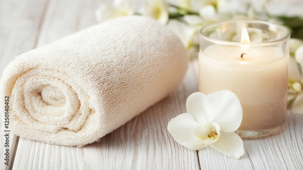 Spa Essentials Rolled White Towel and Candle with Decorative Orchids for Relaxation Therapy : Generative AI Spa Essentials Rolled White Towel and Candle with Decorative Orchids for Relaxation Therapy : Generative AI