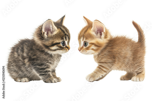 Two adorable kittens playfully interact with each other, showcasing their playful nature and curious expressions, perfect for animal lovers. photo