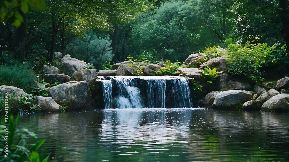 Fototapeta premium Serene Waterfall Surrounded by Lush Greenery Creating a Peaceful Natural Landscape : Generative AI