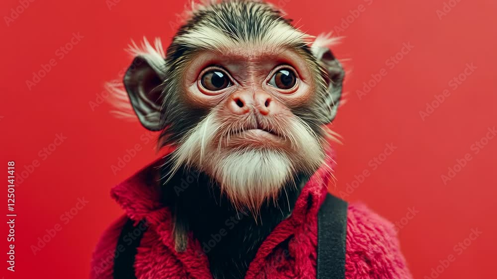 Unusual monkey wearing red attire poses against bright background in a playful expression Unusual monkey wearing red attire poses against bright background in a playful expression