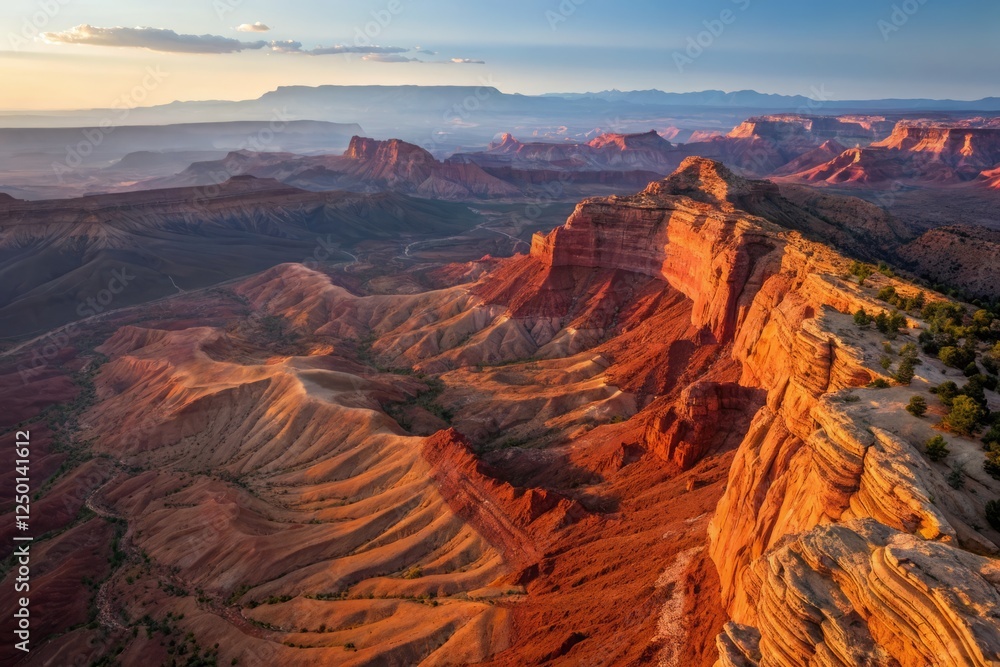 Aerial View: Vibrant Swiveling Canyon, Sunset Hues, Textured Rock Formations Aerial View: Vibrant Swiveling Canyon, Sunset Hues, Textured Rock Formations
