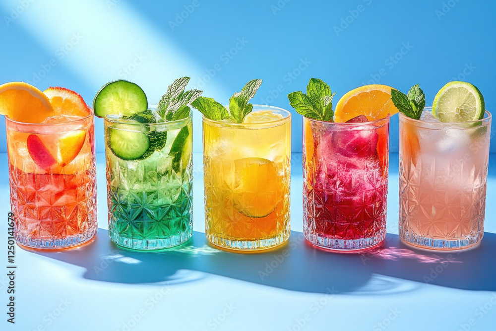 Fototapeta premium Four vibrant cocktails in glasses with mint and lime.