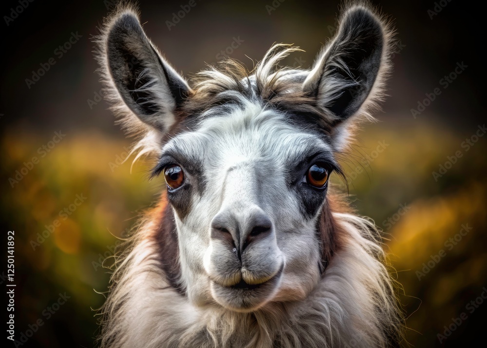 Obraz premium Black and White Llama Portrait, Stunning Animal Photography, Close-up Llama Face, Alpaca Portrait, High-Resolution Wildlife Image