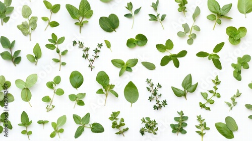 Collage of various plants herbs leaves on white backgrond for PNG file.