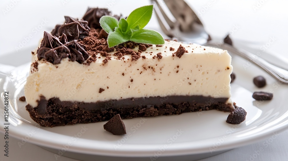 Delicious Slice of Chocolate Cheesecake with Crust on White Plate : Generative AI Delicious Slice of Chocolate Cheesecake with Crust on White Plate : Generative AI
