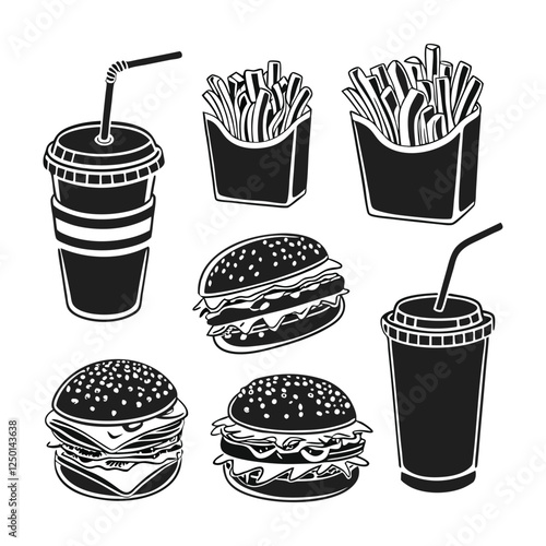 Set of outline fast food drawings. Doodle silhouettes of takeaway meals. Pizza, burger, sandwich, hotdog, ice cream, taco, soda and other elements. Black line vector 