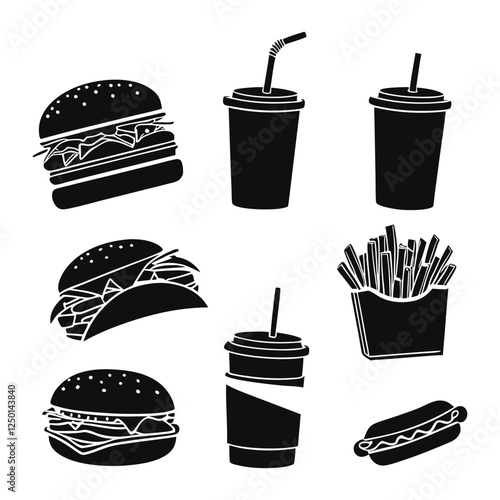 Set of outline fast food drawings. Doodle silhouettes of takeaway meals. Pizza, burger, sandwich, hotdog, ice cream, taco, soda and other elements. Black line vector 