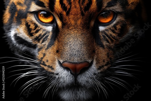 Intense Gaze of a Clouded Leopard: A close-up portrait of a clouded leopard, its striking orange and black coat contrasting with intense golden eyes, piercing the viewer with its powerful gaze. photo