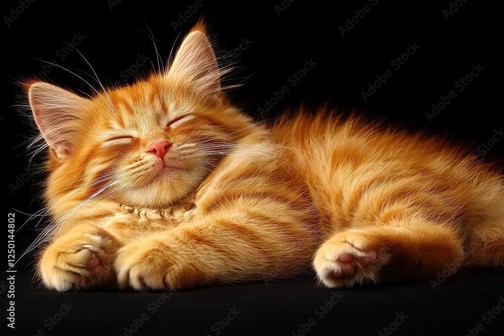 Obraz premium Orange Tabby Kitten Snoozing: A sweet orange tabby kitten with soft, fluffy fur rests peacefully on a black background, capturing the innocent charm of a feline nap.