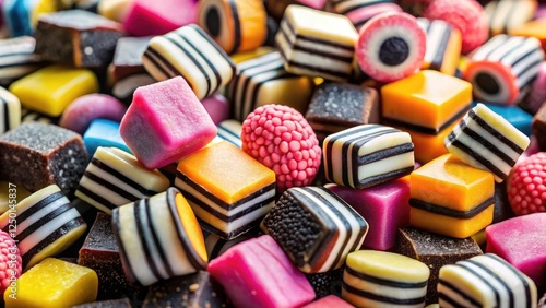 Tilt-shift photography showcases delectable miniature liquorice cream rock sweets; a pick-and-mix dream.
